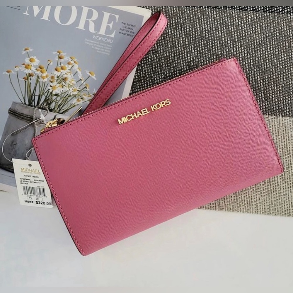Michael Kors Pink Saffiano Wristlet Wallet with Gold Logo